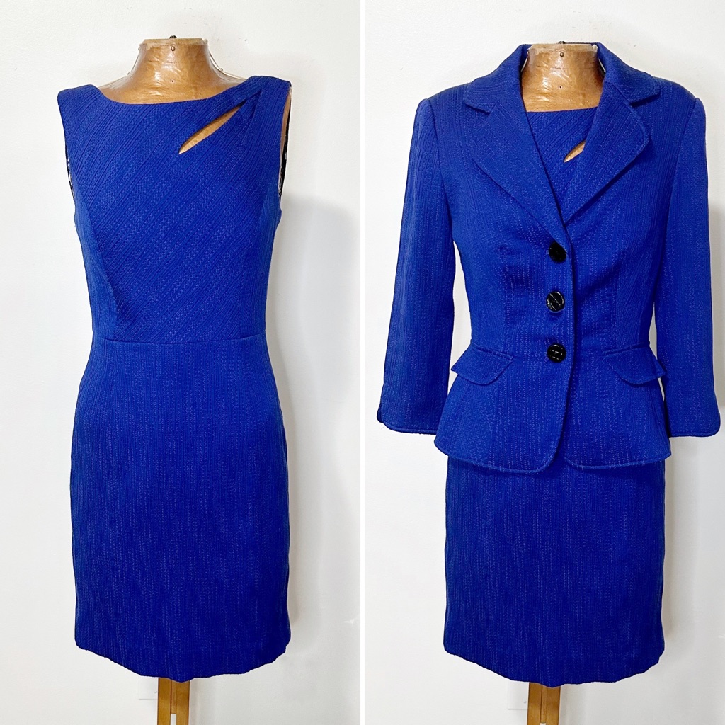 Kay Unger Cobalt Blue Power Suit Sheath Dress And Blazer Work Wear Size 2